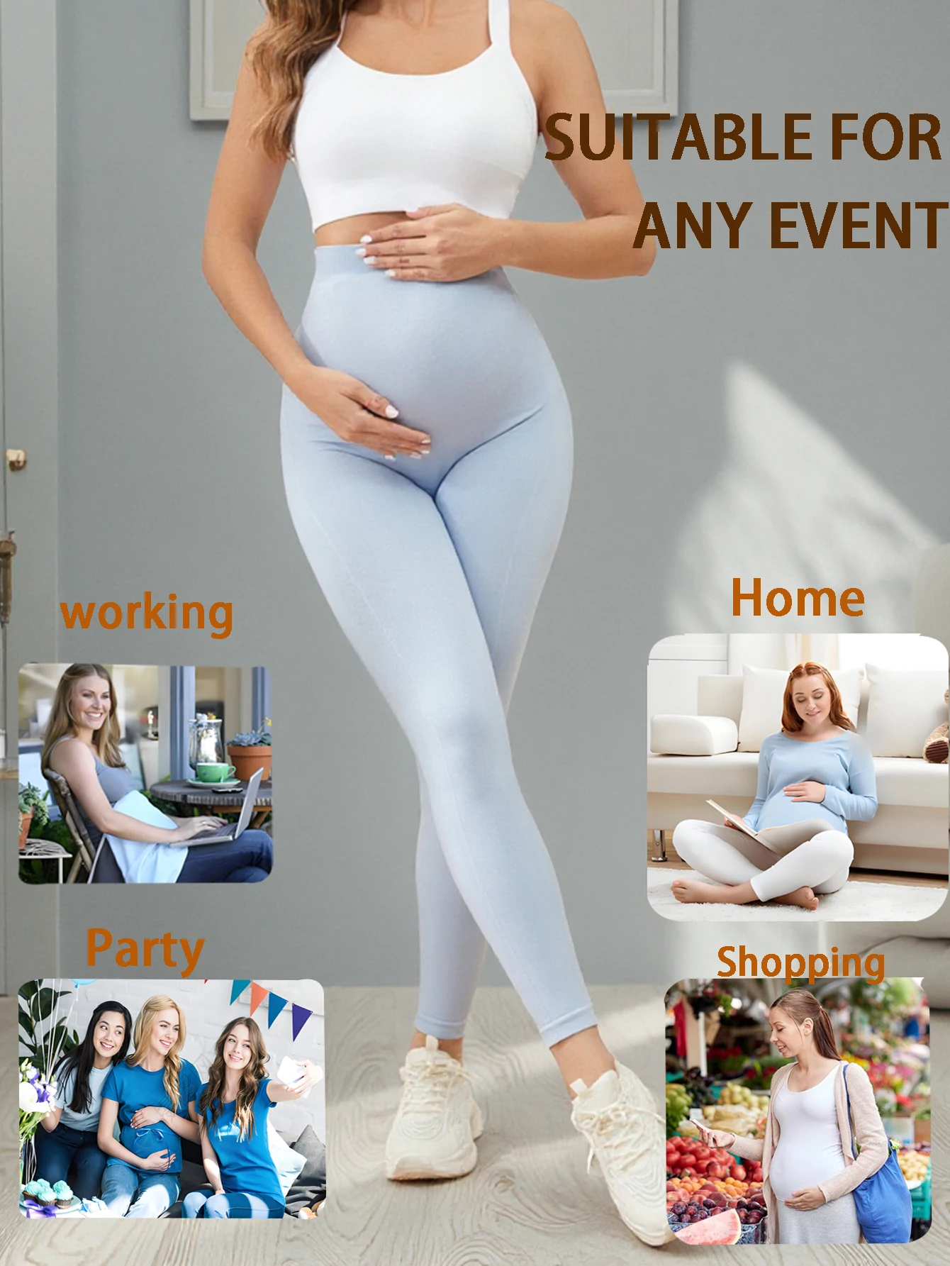 Light Blue Seamless Maternity Yoga Leggings High Waist Non-Roll Belly Support Ultra Stretch Breathable Workout Pants For All Sta view 6