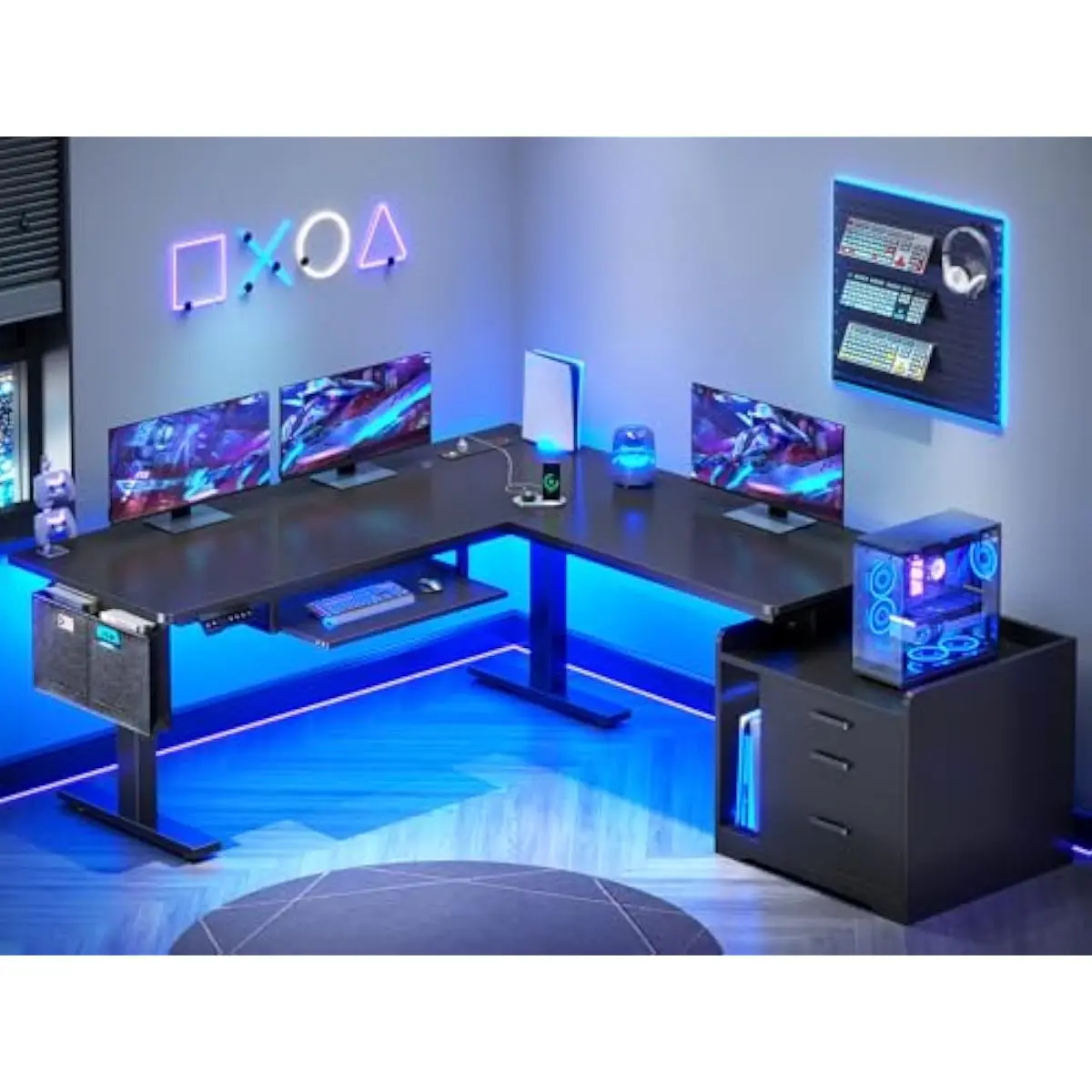 L Shaped Height Adjustable Desk with Integrated File Storage Power Strip RGB LED Lighting Keyboard Tray and Industrial Steel Fra