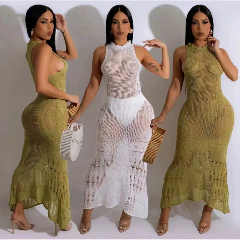 

Sexy Women White Long Knit Sleeve Bikin Fashion Cover up Female See-Through Deep V-Neck Hollow-Out Beach Knitwear Backless Dress