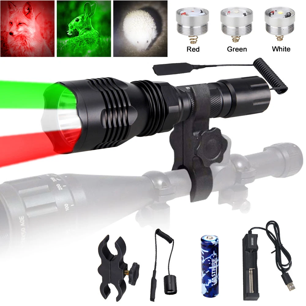 

400 Yards Red&Green&White LED Hunting Flashlight Tactical Rifle Scope Mount Predator Torch for Coyote Hog Varmint Scout Light