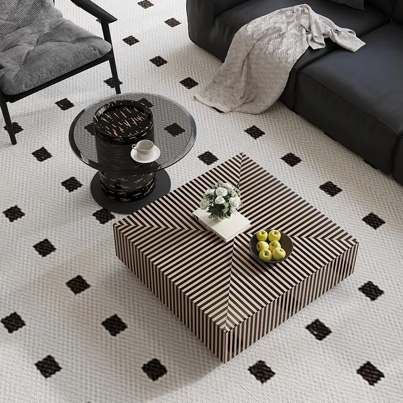 

Unique black and white coffee table with large drawers, round side table set, living room furniture, modern design