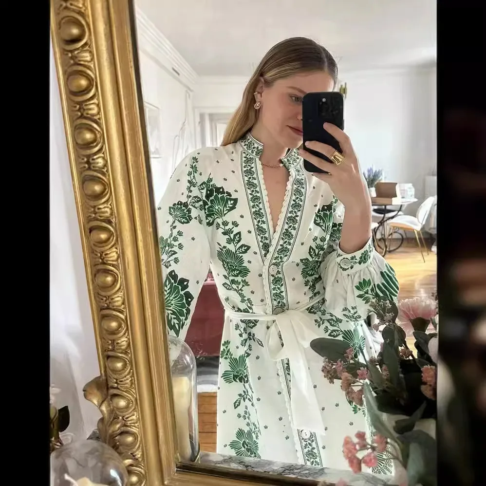 Robe Maxi imprimée Vintage, mode élégante, grand ourlet, Design ample, col en v, manches longues, chemise, Robes de rue pour femmes