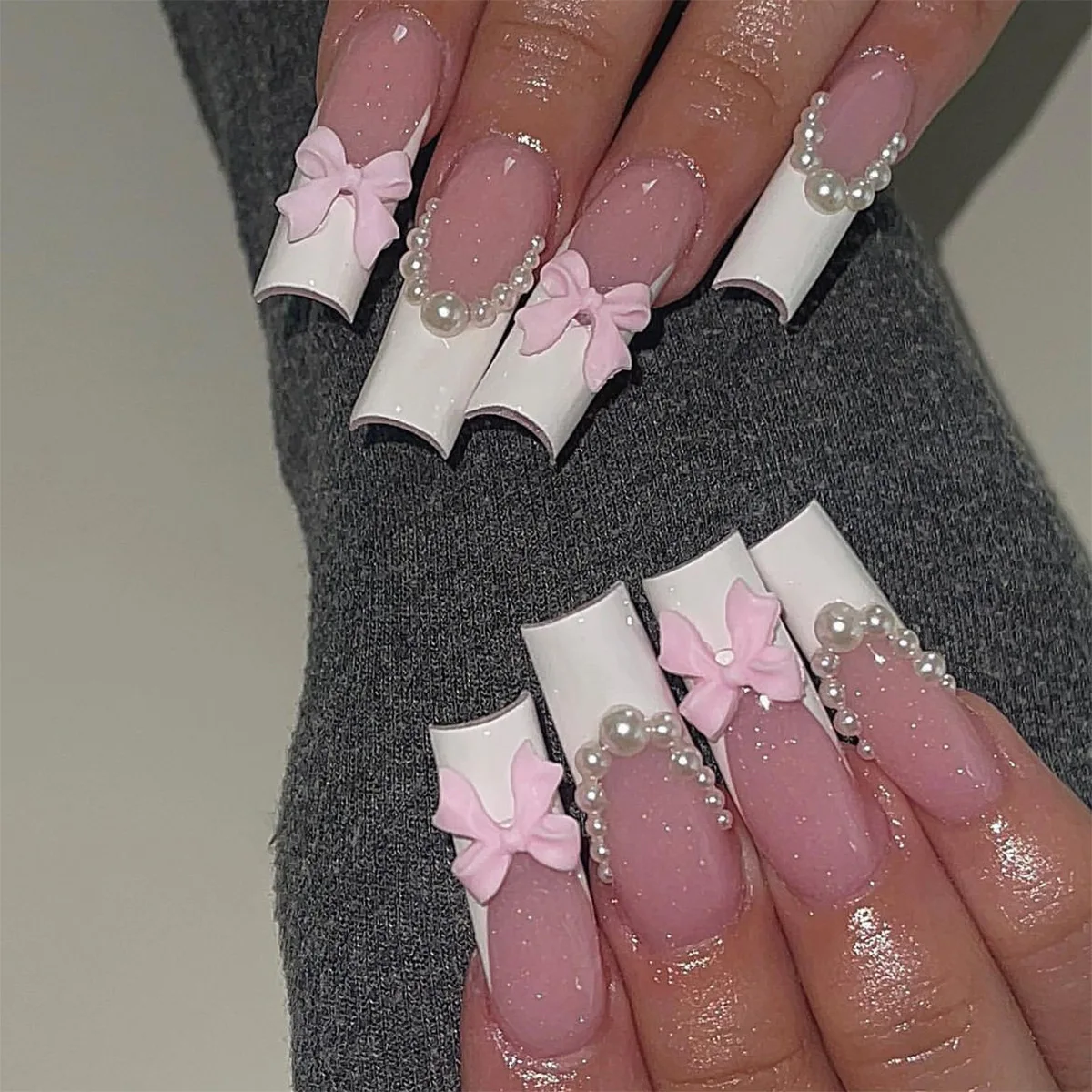 24 Uds. De uñas postizas con diamantes brillantes, dulce lazo, uñas postizas florales delicadas, manicura cuadrada francesa, uñas postizas para mujeres