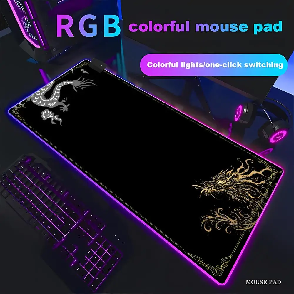 Dragon Pattern Mouse Pad Animation Games RGB Gaming Mouse Pad HD Gamer Large LED Light XXL PC Computer pad Non-slip Decor