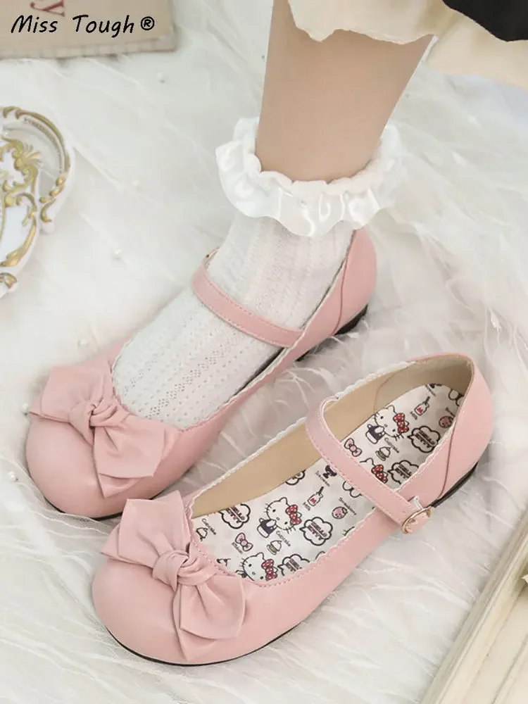 Autumn Lolita Cute Mary Janes Shoes Women Japanese Style Pure Color Bow Kawaii Sandals Female Round Toe Buckle Casual Shoes 2024