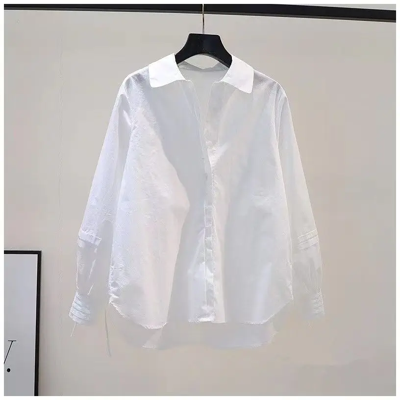 Camisa de manga comprida amarrada nas rugas feminina, 100% algodão puro, top solto e emagrecedor, temperamento moderno, high-end, primavera, outono, 2024