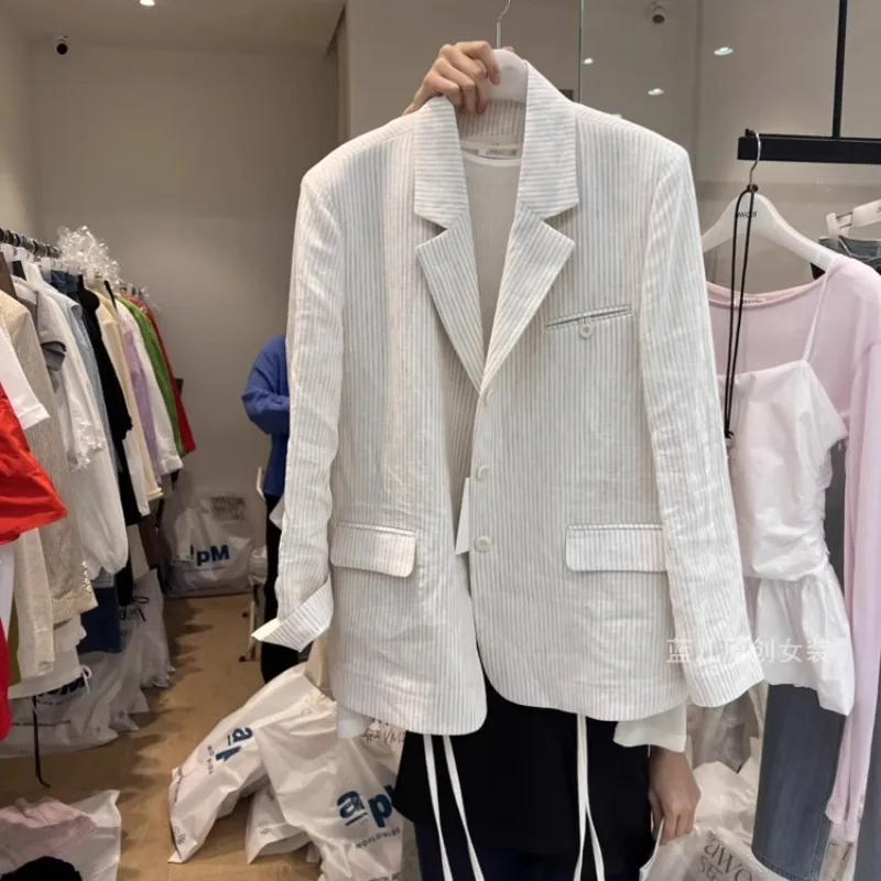 

SuperAen Vintage Striped Suit for Women Summer 2025 Cotton and Linen Sun Protection Loose Casual Tailored Coat
