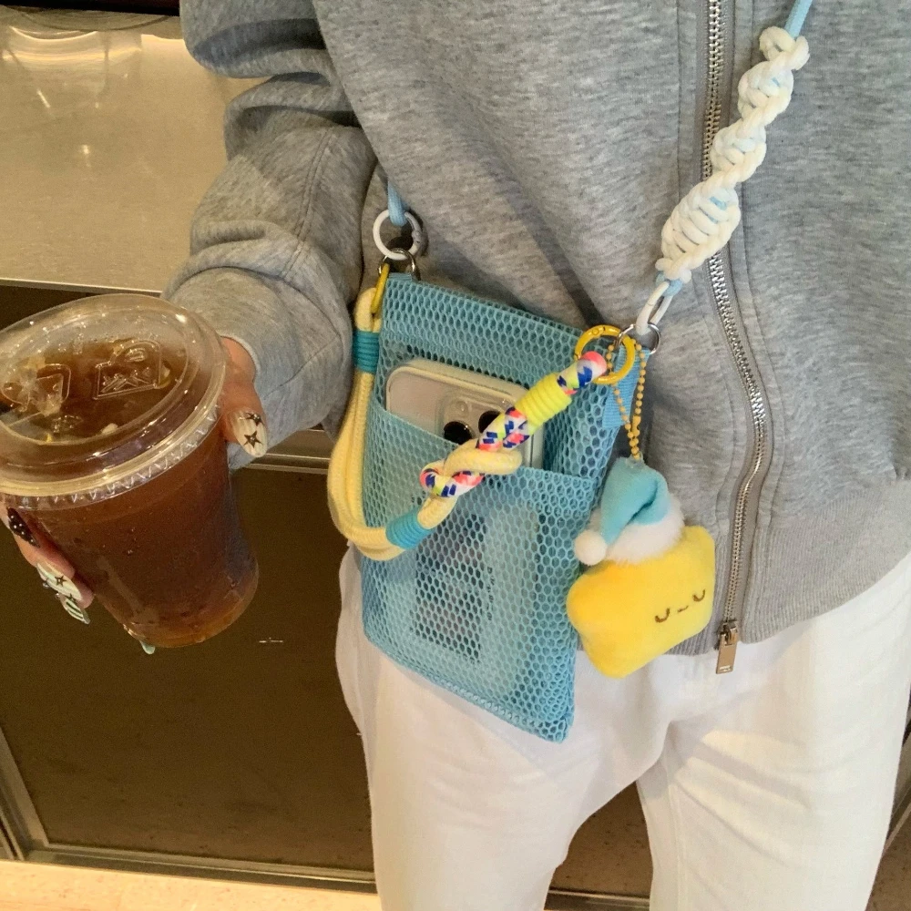Summer Mesh Crossbody Bag Soft Mini Phone Wallet Multifunctional Square Shoulder Bag Crossbody Purse Outdoor Beach Messenger Bag