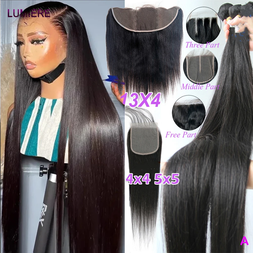 

Прямые пучки человеческих волос с глубокой частью HD, кружевная застежка, фронтальная 5x5 6x6 HD, прозрачные 18A, пучки необработанных волос с застежкой