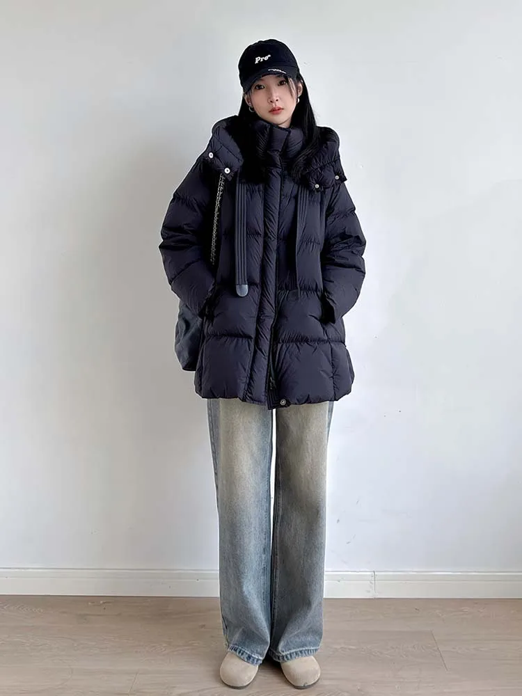 럭셔리 여성 후드 다운 재킷 2025 겨울 두꺼운 따뜻한 느슨한 중간 길이 퍼퍼 코트 기본 여성 겉옷 솔리드 INKEO DJ533