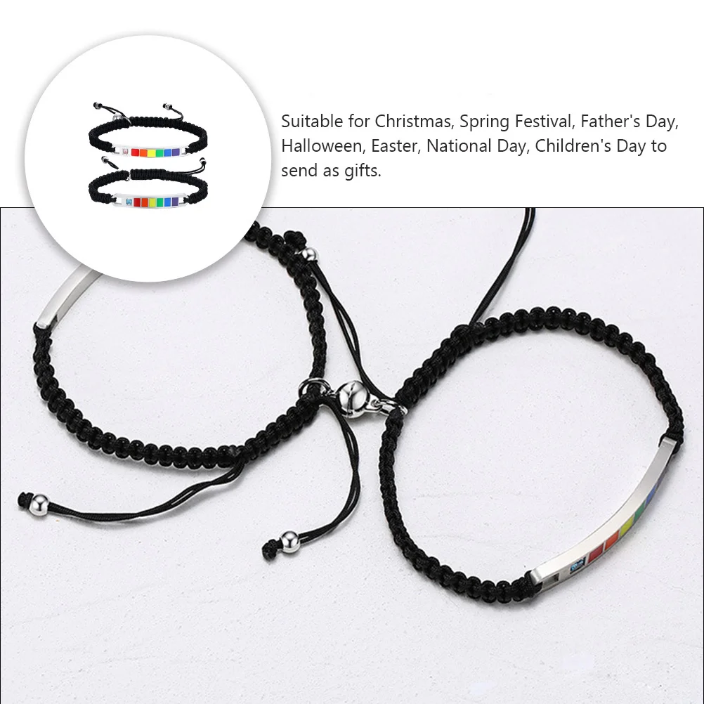 

1Pair Adjustable Titanium Steel Zircon Nylon Weaving Bracelets Rainbow Lovers Bracelets Durable Street Style Wrist Ropes