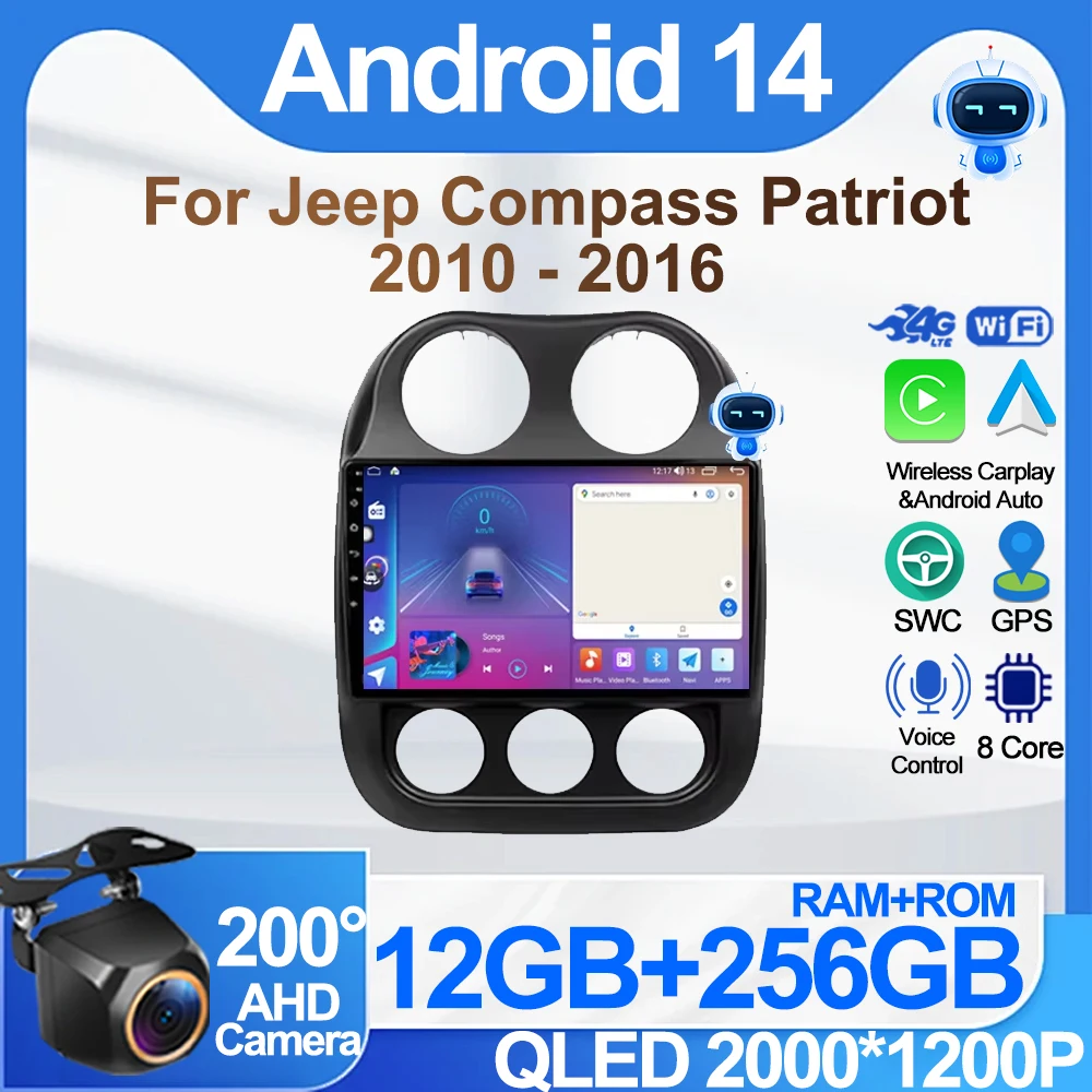 Android 14 Car Radio For Jeep Compass Patriot 2010 - 2016 Car Radio Player No 2din Carplay Android Auto GPS Navigation 5G Wifi