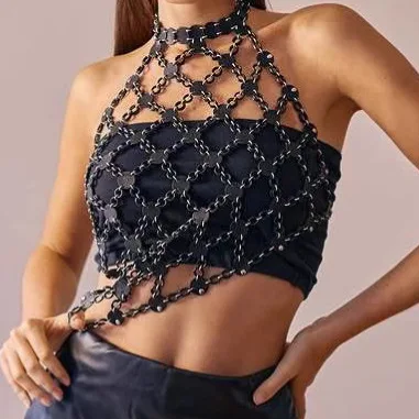 أسود مطرزة جولة القرص المرقعة الأزياء الرسن بوستير سترة أعلى مع سلسلة الجسم #4