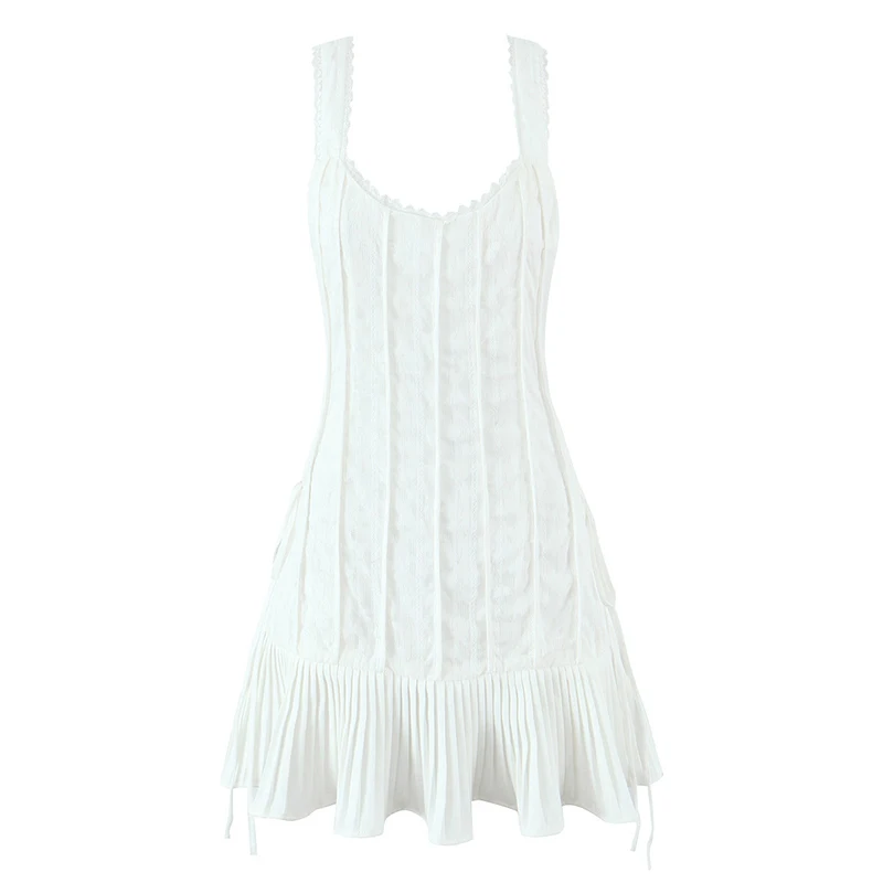 

YENKYE French Ballet Style Side Lace Up Bandage White Tank Mini Dress Women Sexy Sleeveless O Neck Pleated Hem Summer Dresses