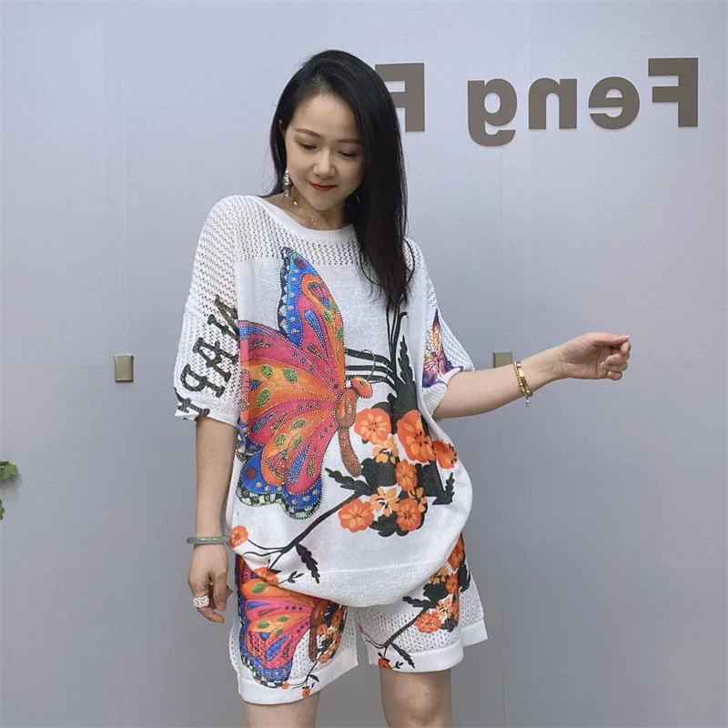 2023 Summer Two Piece Set Womens Outfits Printed Diamonds Loose Short Sets Casual Knitting Tops and Shorts костюм женский летний