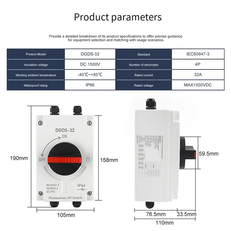 DIGIT-PV Solar Disconnect Switch IP66 Waterproof 1200VDC 32A PV DC System Isolator Switch With Connector
