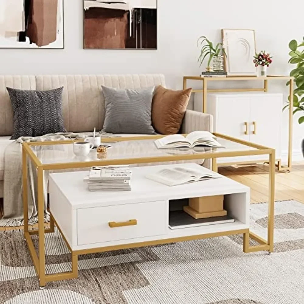 Couch tisch aus gehärtetem Glas, rechteckiger Mittel tisch aus Gold, moderne Glasplatte mit 2 Schubladen und Ablage fächern, Couch tisch