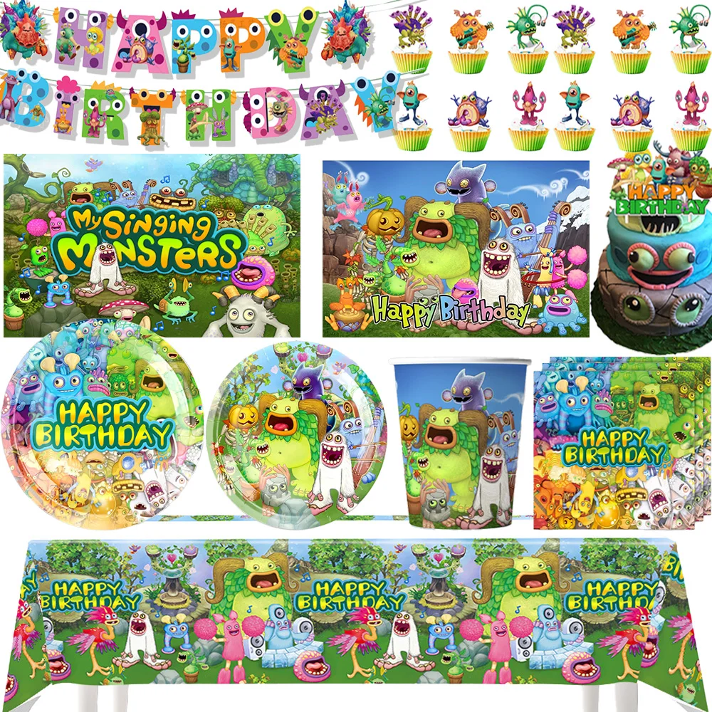 

My Singing Monster Theme Birthday Party Supplies Decor Disposable Tableware Cartoon Monsters Balloon Plate Cup Backdrop Kid Gift