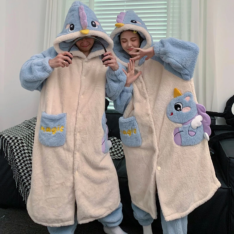 Kigurumis Dinosaur Winter Bathrobe Pajamas Women Men Couple Sleepwear Coral Velvet Nightie Lovely Long Plush Hooded Thick Robe