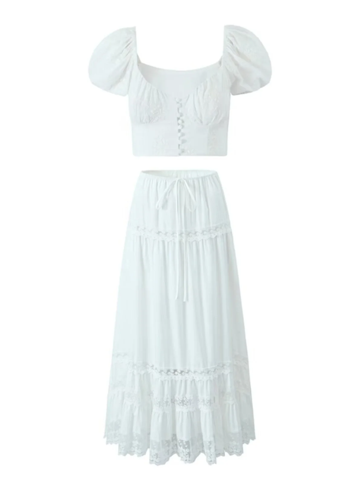 

Romantic Layered Lace Trim Long Skirt And Bubble Sve irt Set Square Collar Two Piece Women's Faion Ensemble Summer Tea