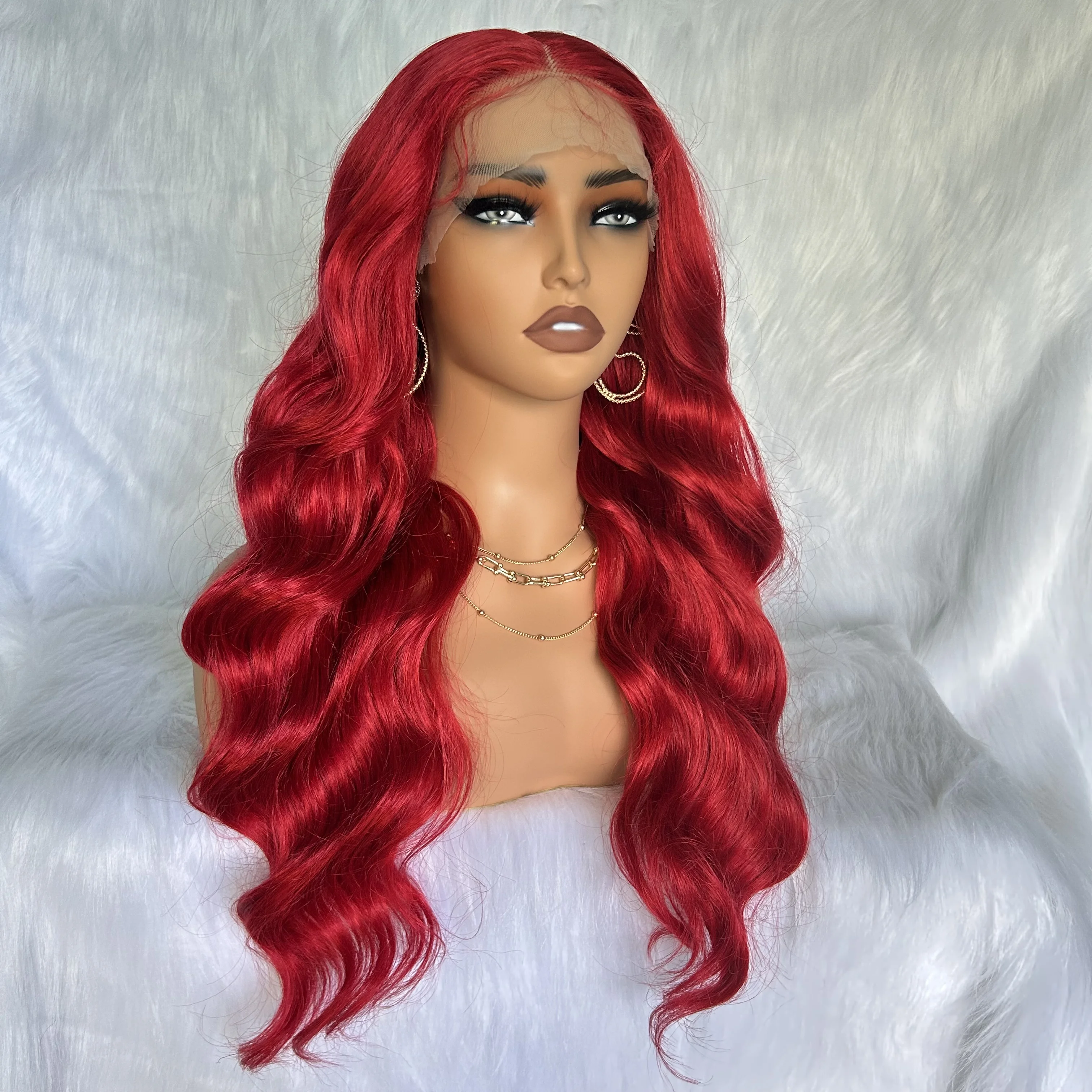 X-TRESS Long Soft Wavy Red Wigs Natural Synthetic Hair Middle Part Transparent Lace Front Wig for Black Women Daily Party Dress