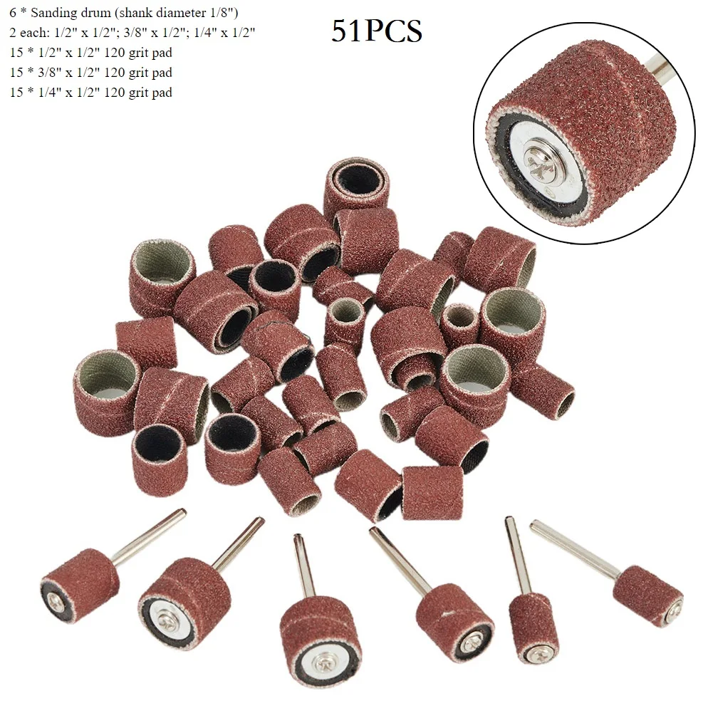 

51Pcs Sanding Drum Band Pad Sandpaper Circle Mandrel 1/2in 3/8in 1/4in 120 Grit Rotary Tool Kit For Electric Mill Carving Wood