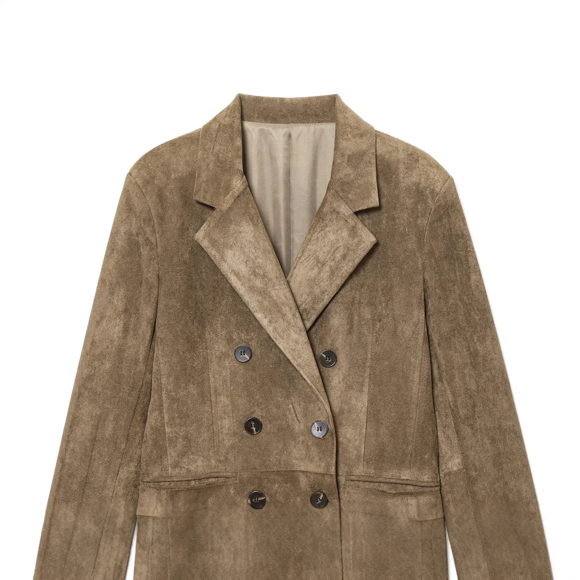 KIDCKRJ 우아한 봄 여성 스웨이드 질감 코트 카키 슈트 칼라 더블 브레스티드 여성 재킷 출퇴근용 미니멀리스트 여성 코트