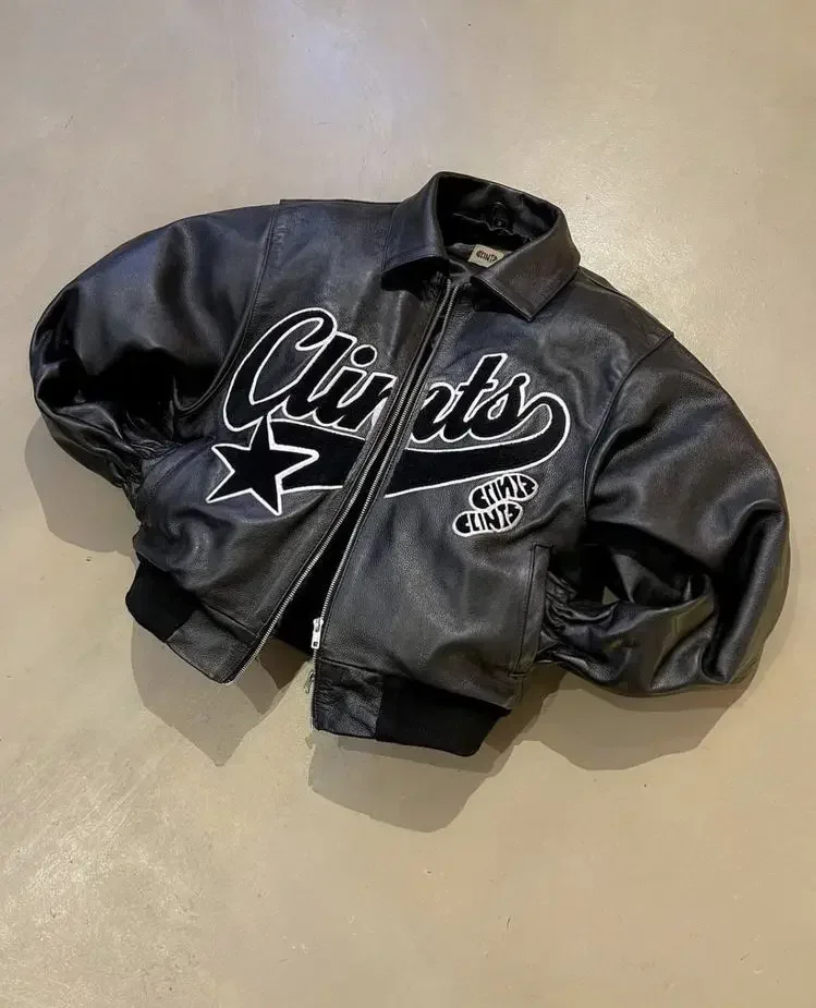 European and American Fashion Brand Clothing Embroidered Leather Oversized Jacket Y2K Retro Motorcycle Zipper Jacket Men