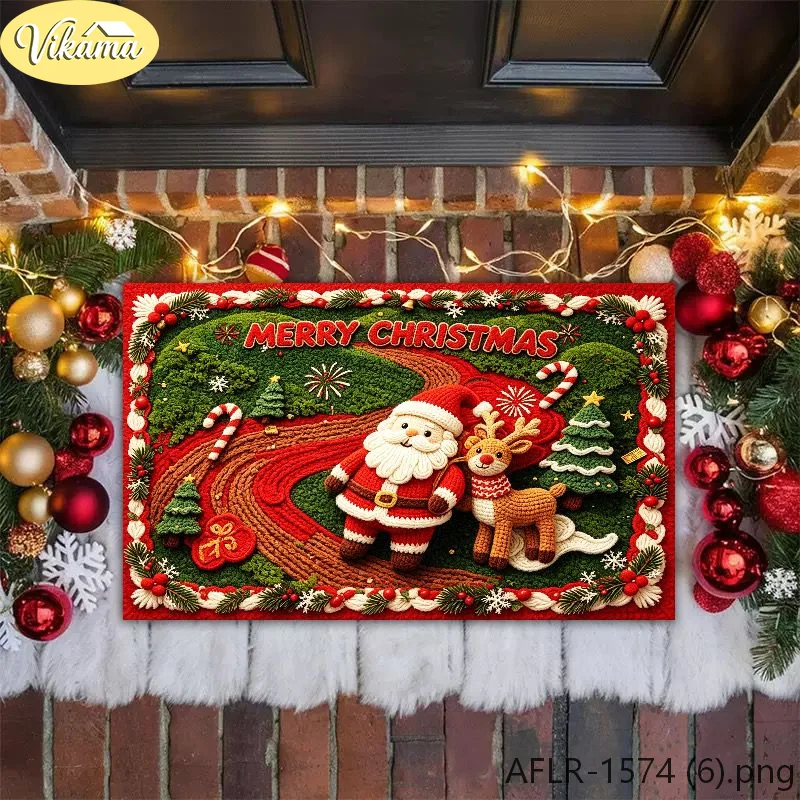 Cartoon Santa and Reindeer Rug, Soft Non Slip Indoor Outdoor Entryway Mat, Festive Holiday Bathroom Door Mat, Home Decor