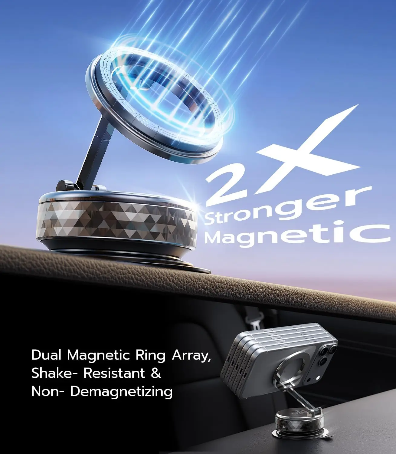 All-Metal Magnetic Car Phone Holder with 360° Rotation, Vacuum Suction Cup Mount for iPhone & Android