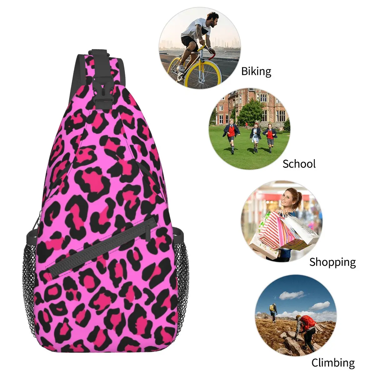 Hot Pink Leopard Crossbody Sling Bag Printed Chest Bag Cheetah Animal Spot Shoulder Backpack Daypack Travel Hiking Biking Pack