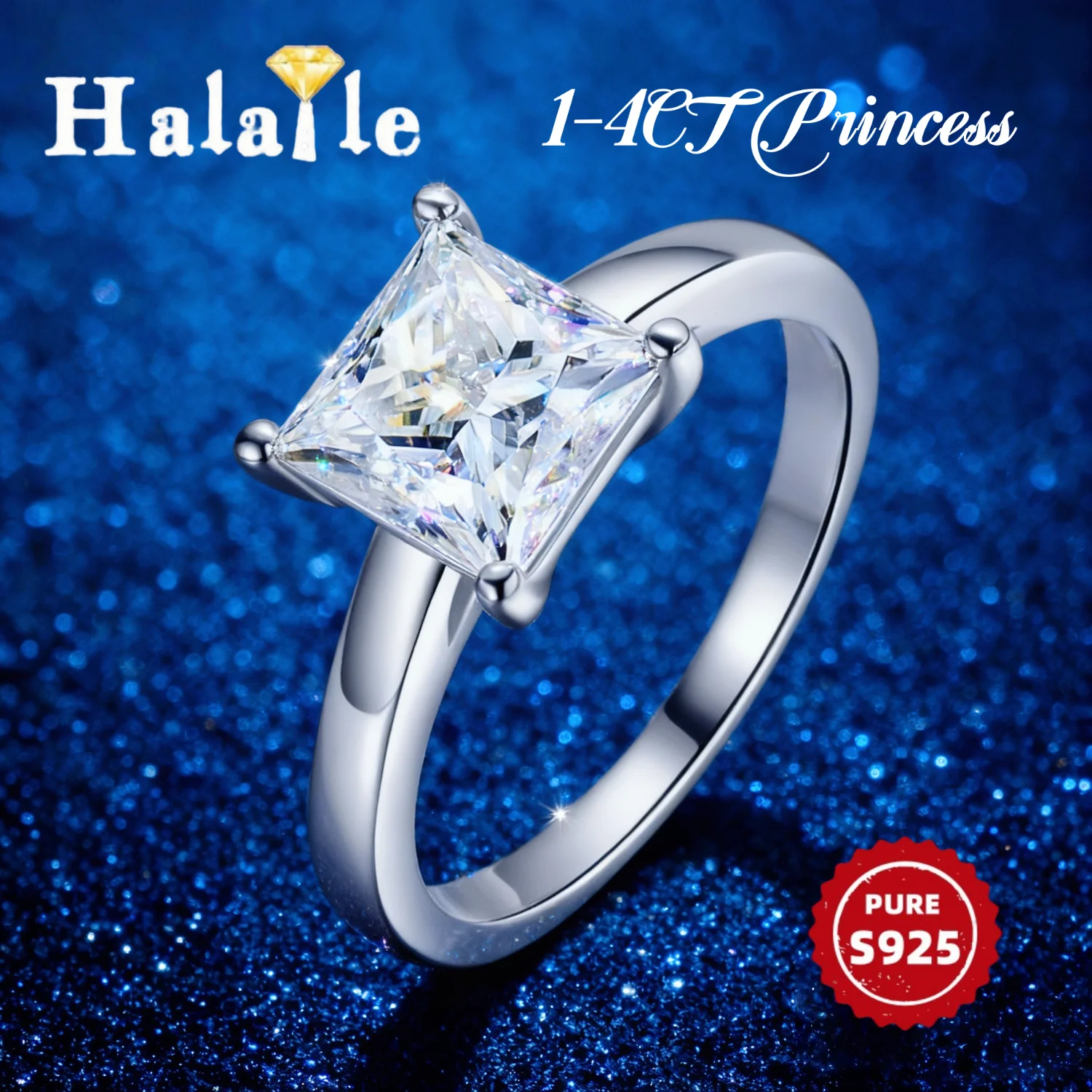 Halaile 1-4CT الأميرة قص مويسانيتي الدائري S925 فضة كلاسيكي سوليتير غرامة مجوهرات النساء المشاركة الزفاف هدية