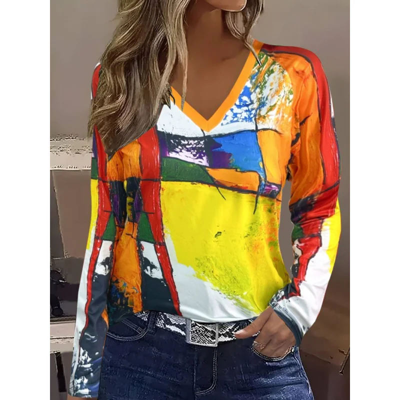 

Abstract Art Color-Block Graffiti Digital Print Women's High Street Fashion Loose BreathableVLong-sleeve PulloverTShirt
