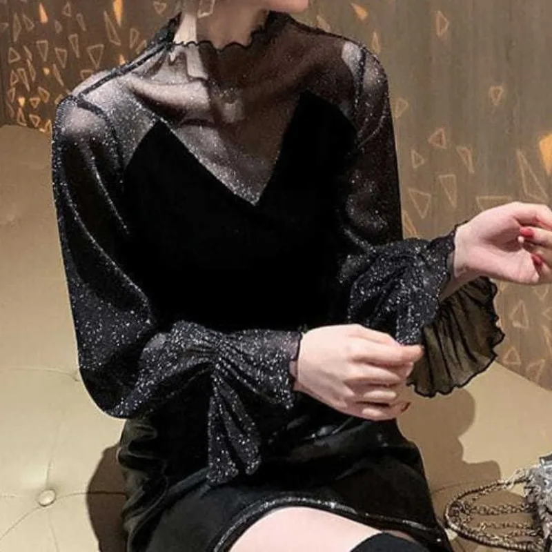 2023 Autumn and Winter Women\'s Solid Gold Velvet Half High Neck Lace Loose Relaxed Fashion Elegant Commuter Long Sleeve Tops