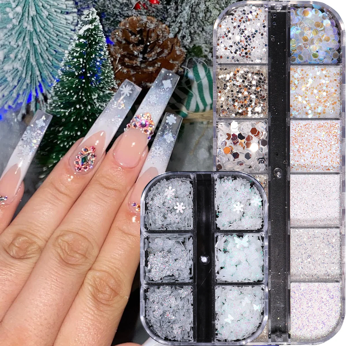 2 Boxen Winter Nail Art Pailletten Schimmer Glitzer Klare Schneeflocken Sechseckflocken Zucker Pullover Pigment Weihnachten Maniküre Dekor