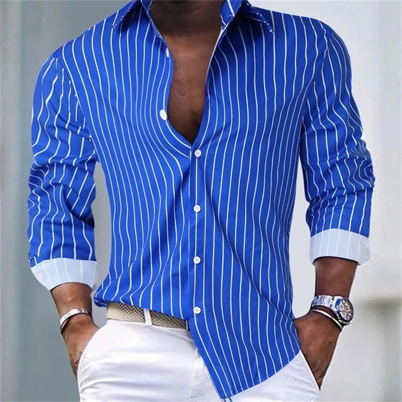 Men's shirt striped pattern print outdoor street long sleeved button printed clothing fashion street fashion designer breathable