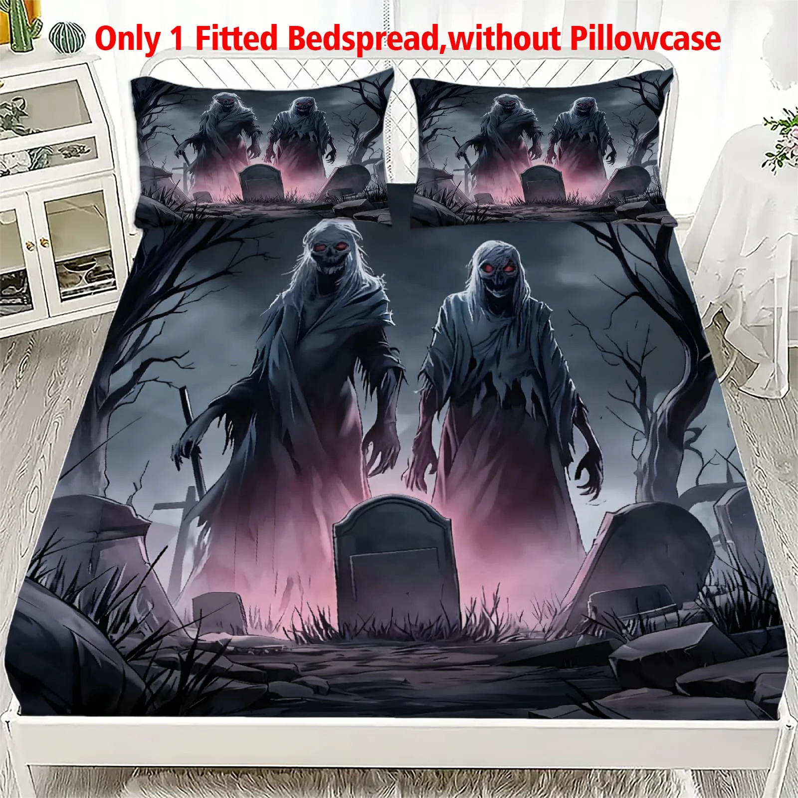 1 Stück Gruseliges Friedhof-Geister-Print Spannbettlaken mit Tiefen Taschen, Elastischer Matratzenbezug für Einzel-, Doppel-, Queen- und King-Size-Betten, Schlafzimmer-Dekoration