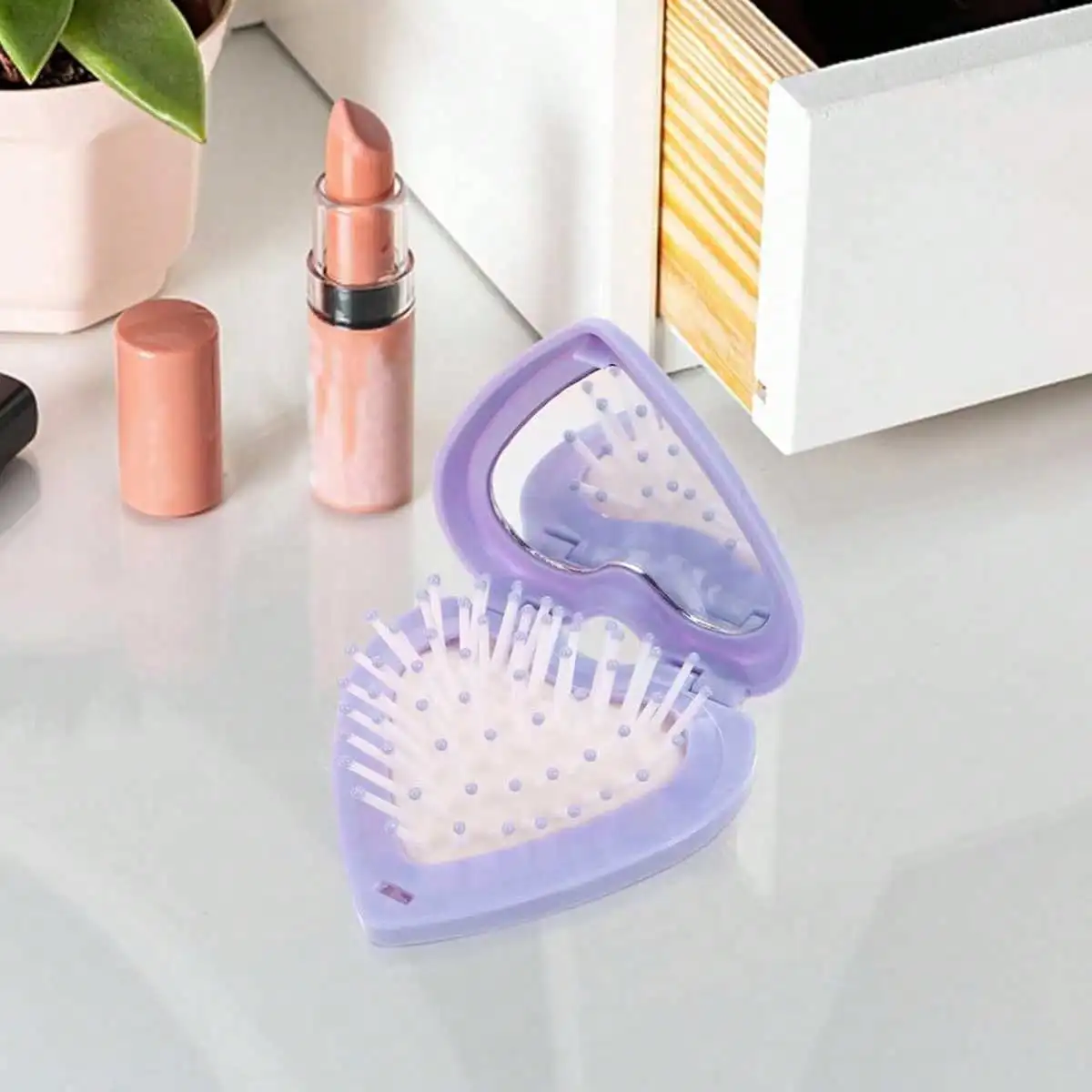 فرش شعر للسفر قابلة للطي بلمسة نهائية لامعة مع مرآة، فرشاة شعر صغيرة على شكل صدفة، مشط، فرش سفر للشعر للنساء والرجال #5