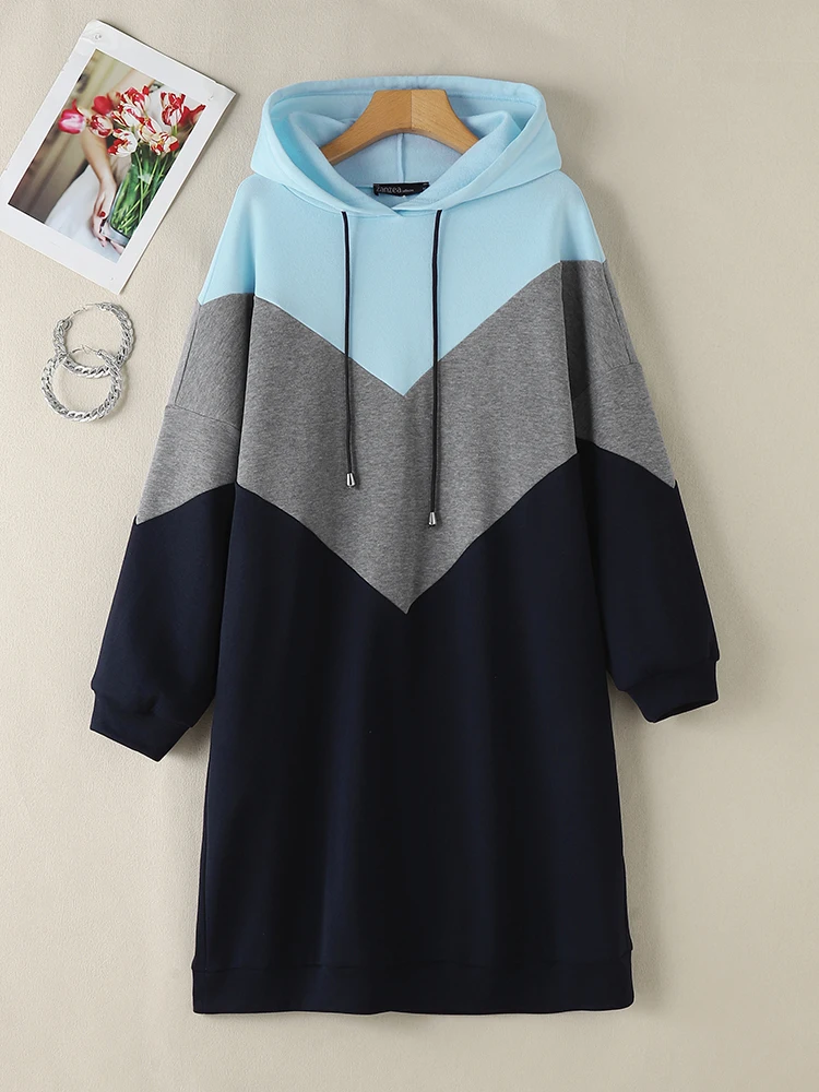 ZANZEA Fall Winter Women Sweatshirt Dress Korean Fashion Casual Loose Long Sleeve Hooded Dress Patchwork Knee-length Vestidos