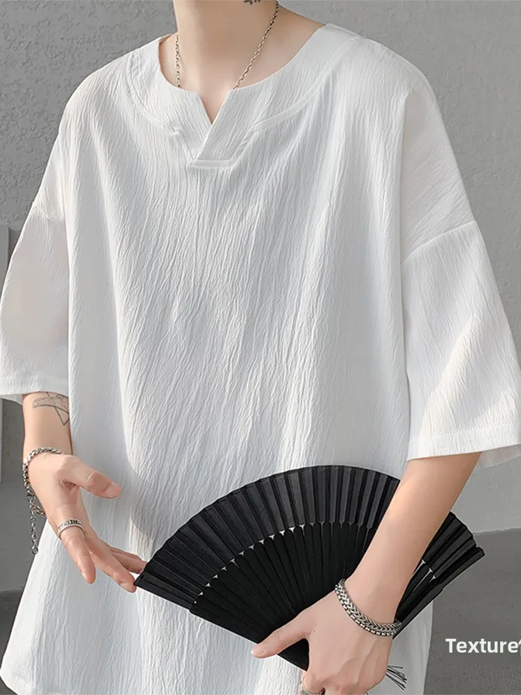 

Мужская футболка из белого льняного шелка с V-образным вырезом, летняя, дышащая, с коротким рукавом, из хлопка и льна, с эффектом прохлады