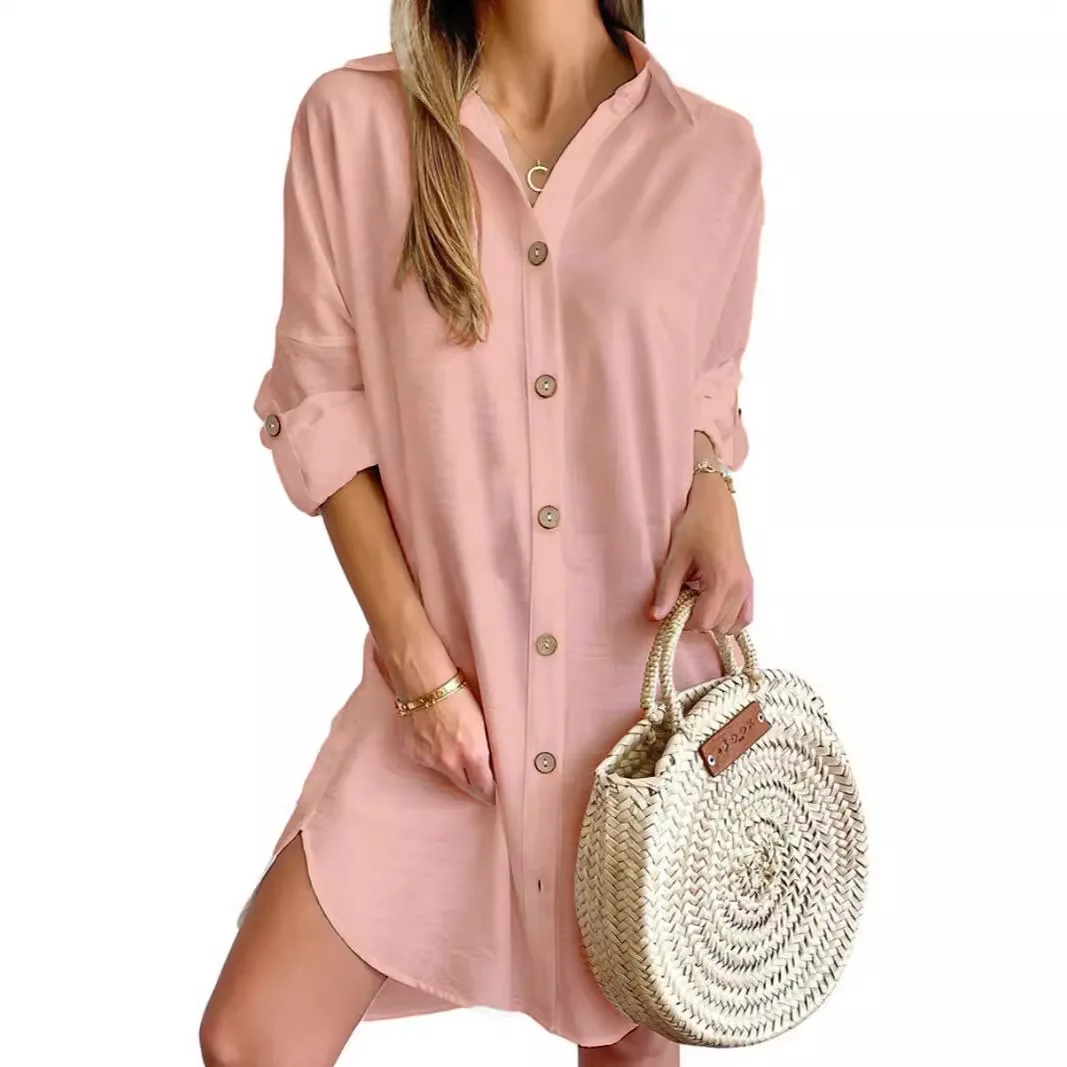 Abito camicia casual a maniche lunghe primavera autunno 2024 Abito camicia con bottoni bavero Abito da ufficio da donna ampio e confortevole stile pendolarismo