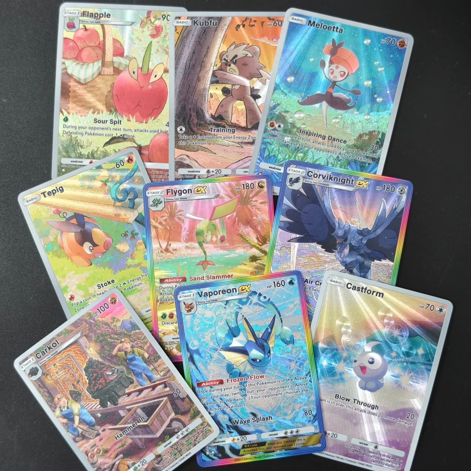 Lot de 9 cartes de jeu TCG Pocket en anglais B3 Carkol Castform Corviknight Flapple Flygon Kubfu Meloetta Tepig Vaporeon ex avec texture de jeu