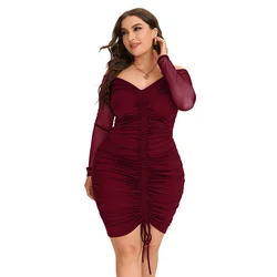 Plus Size PYL damski jednolity kolor, długi rękaw sukienki Midi typu Bodycon damski dekolt Slim Fit plisowana suknia wieczorowa koktajlowa odzież klubowa 2024 gorąca