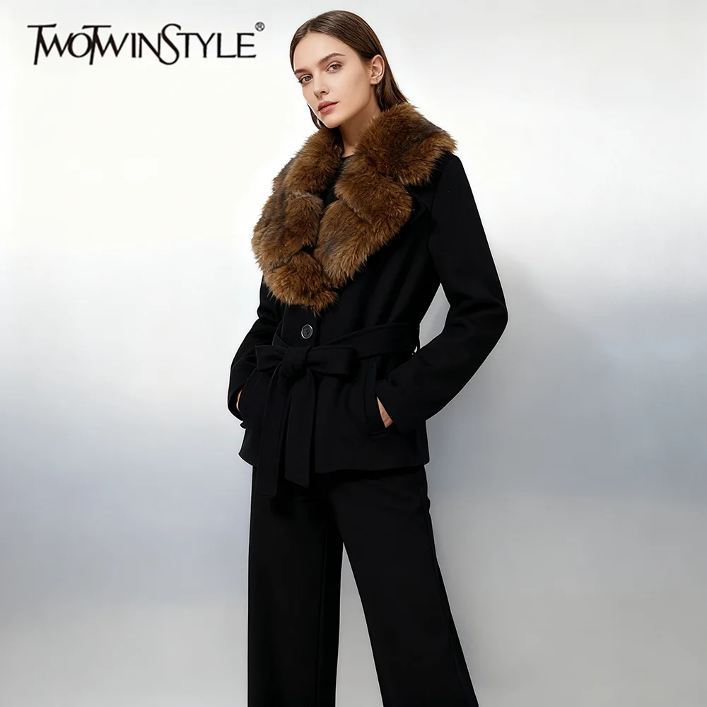 

TWOTWINSTYLE однотонное утягивающее пальто с меховым воротником, темпераментное пальто для женщин с лацканами и длинными рукавами, лоскутное пальто на шнуровке, женское новое