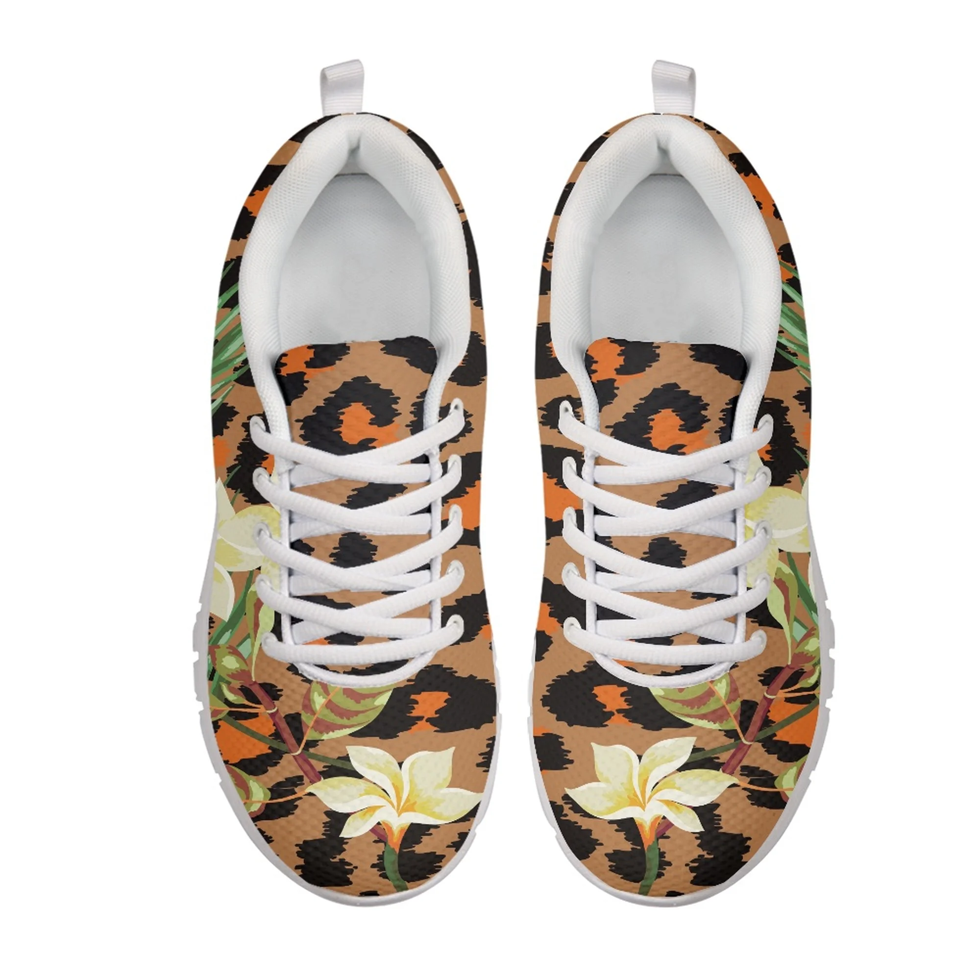 Yikeluo Leopard with Plumeria Pattern Print Flat Shoes for Women Lace up Casual Sneakers Outdoor Lightweight Sport Footwear 2022