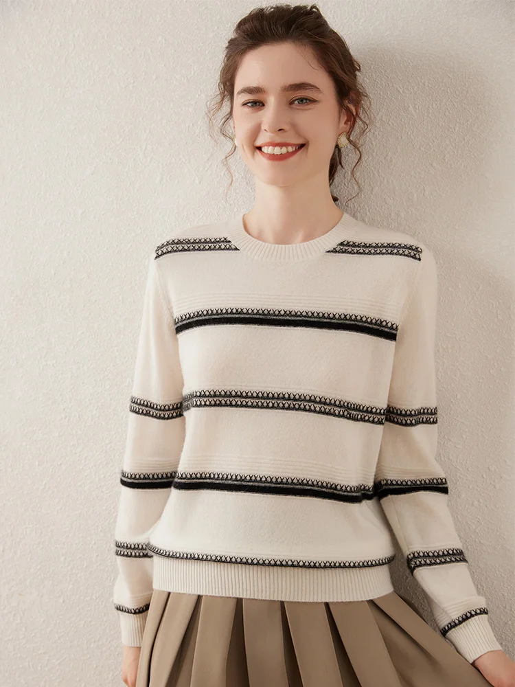 여성용 O-넥 스트라이프 얇은 캐시미어 풀오버 스웨터, 100% 캐시미어 니트웨어, 캐주얼 기본 심플 스타일, 용수철 여성 의류