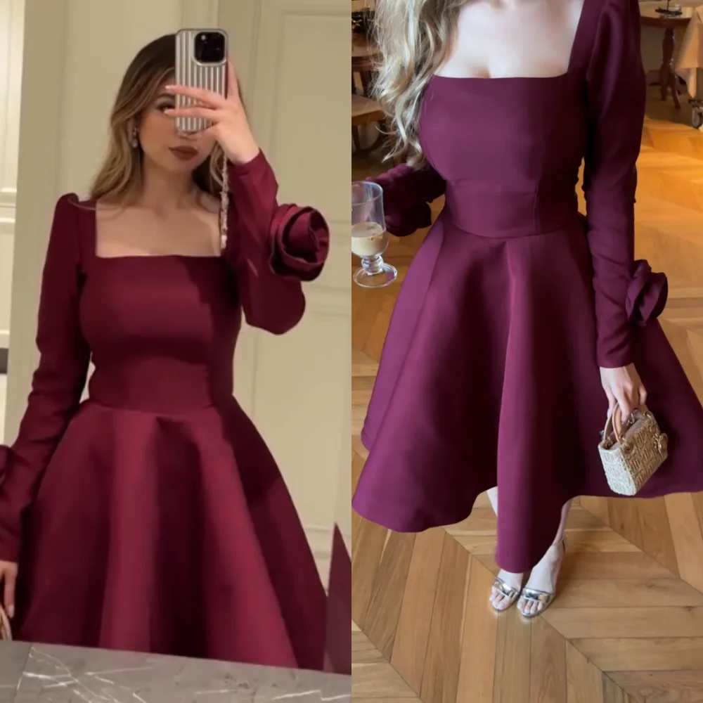 Customized Jersey Handmade Flower A-line Square Neck Midi Dresses Bespoke Occasion Cocktail Classic Elegant Matching