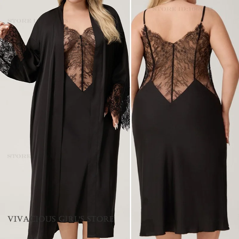 

Plus Size Female Long Robe Set Nightgown Sexy Perspective Lace Lingerie Nightdress Bathrobe Loose Casual Loungewear Sleepwear