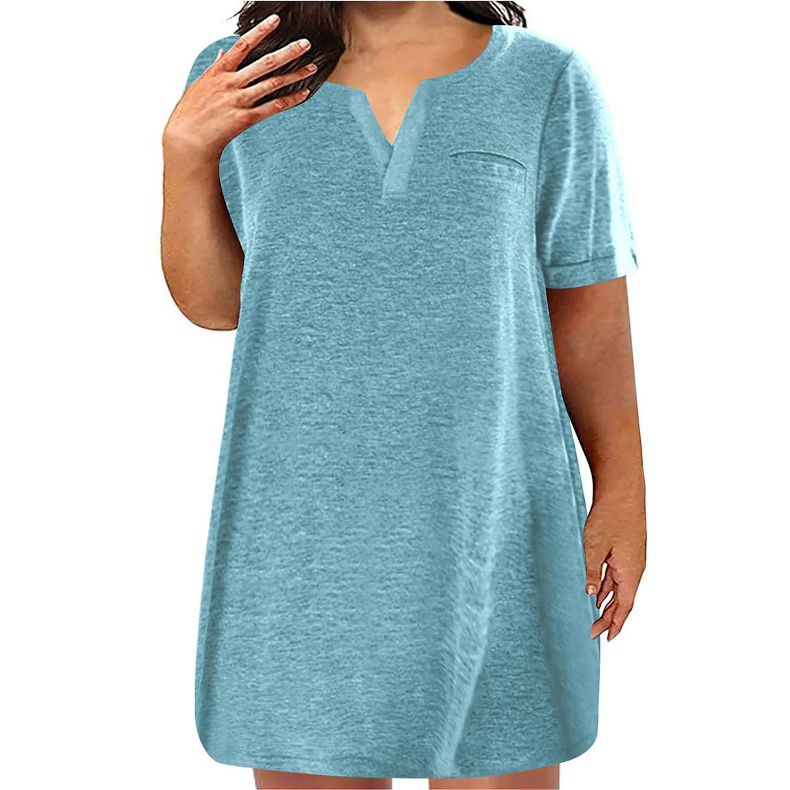 Womens Plus Size Dresses V Neck Short Sleeve Summer Casual Solid Dress Tunic With Pocket  Elegant Dresses For Women Elegant