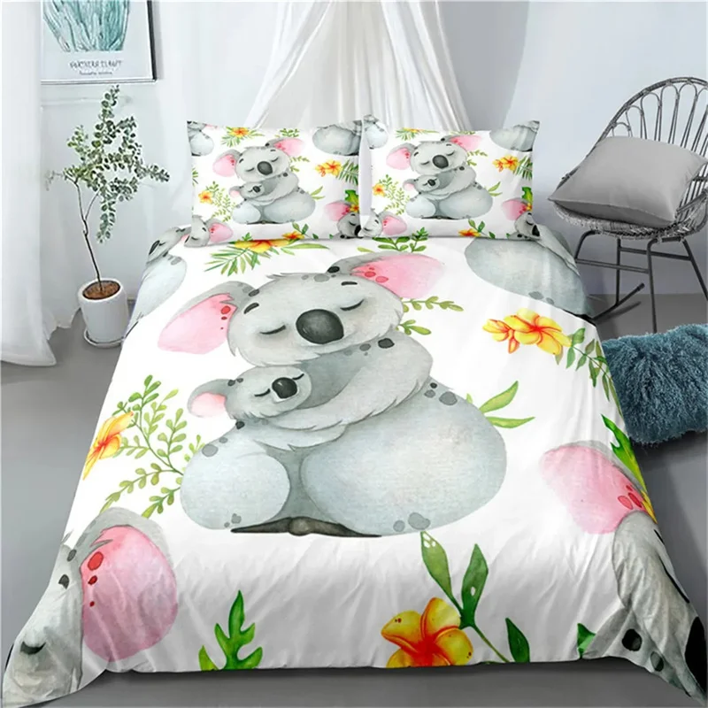 Cartoon Koala Branch Duvet Cover Microfiber Cute Animal Paint Artistic Theme for Boys Girls Children Room Decor Queen King Size